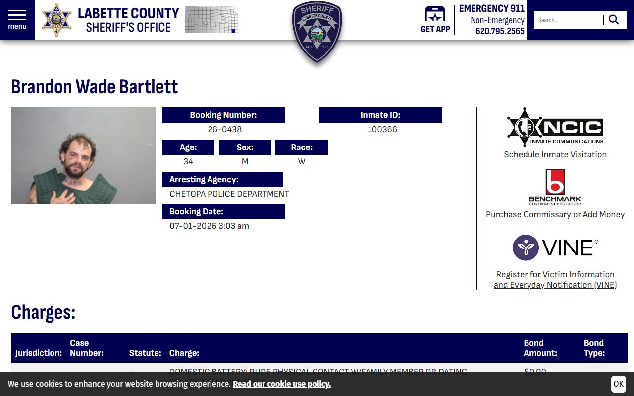 Labette County arrest records sample inmate profile with charge and bond fields