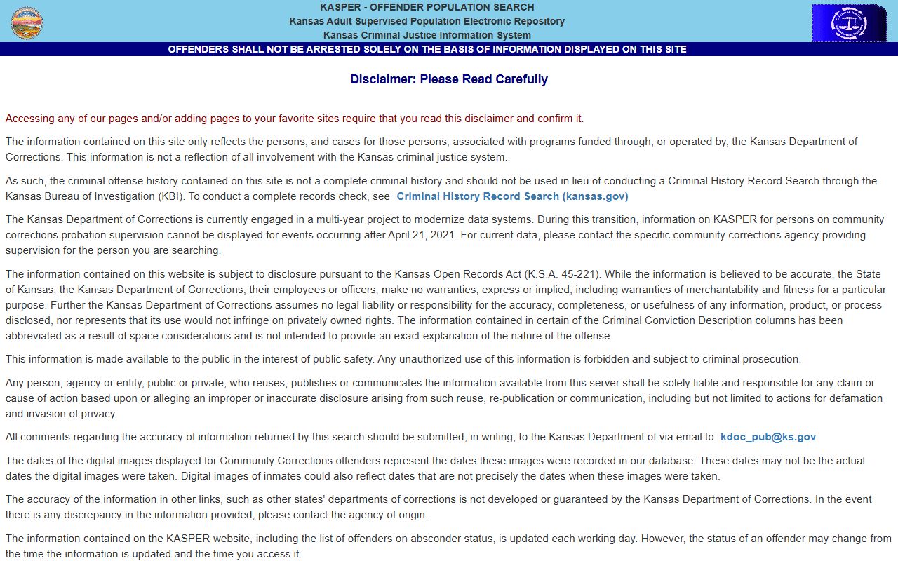 Labette County criminal court records KASPER offender search disclaimer