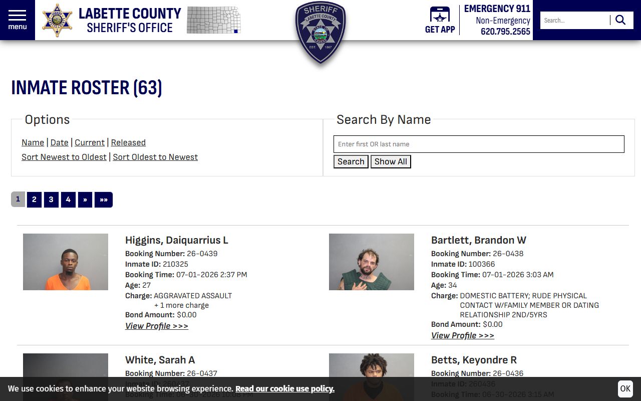 Labette County inmate search current jail roster with booking fields