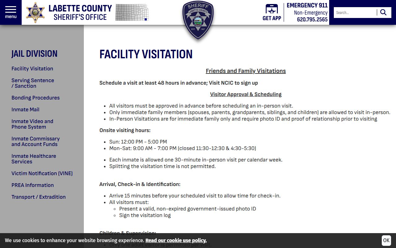 Labette County inmate search jail visitation schedule and rules