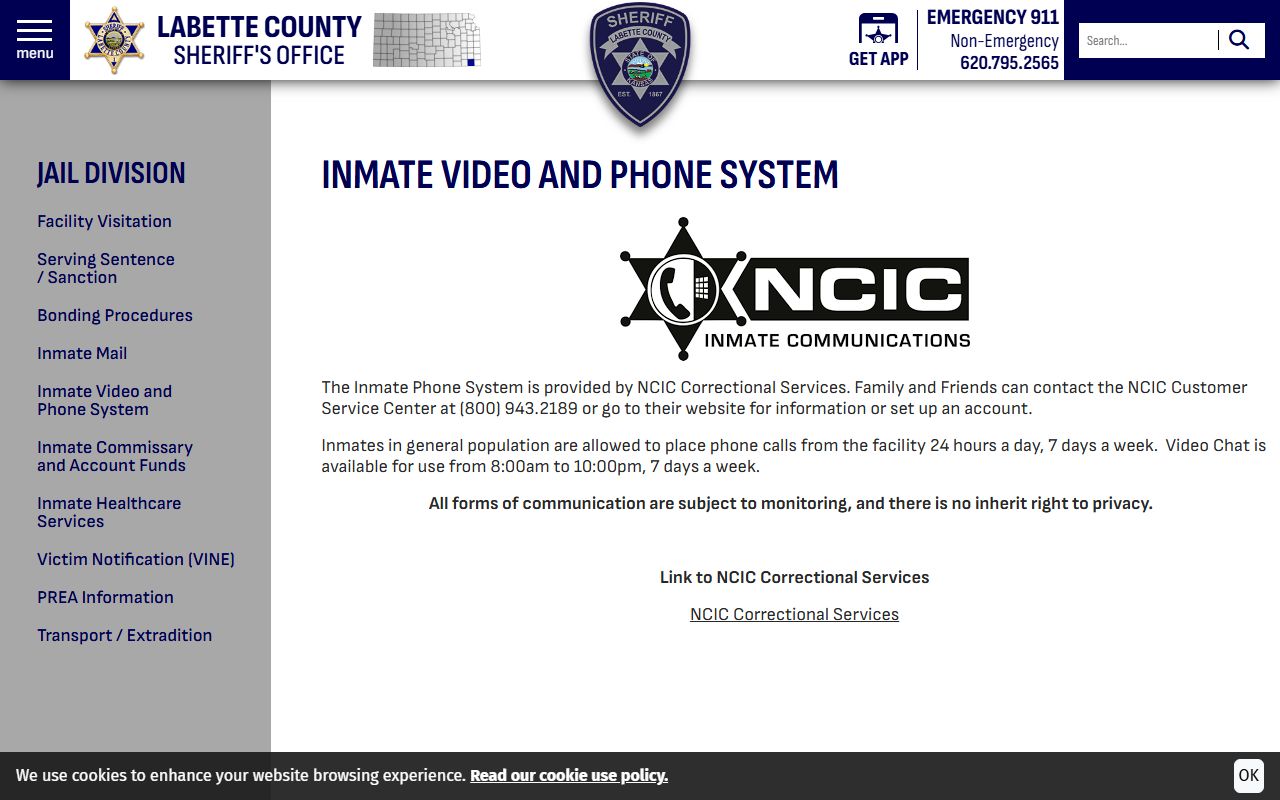 Labette County inmate search phone and video system information