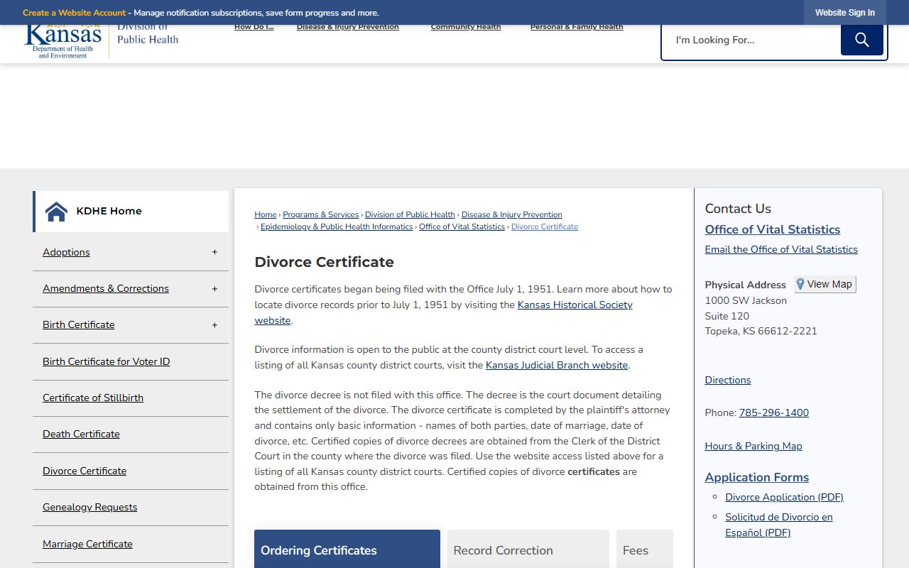 Labette County divorce records and KDHE divorce certificate ordering