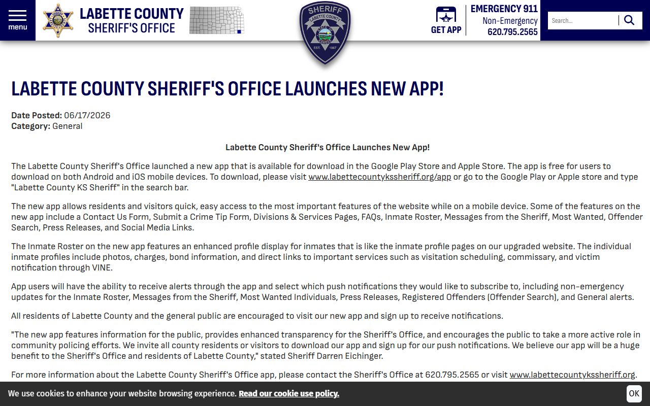 Labette County warrant search sheriff app launch press release
