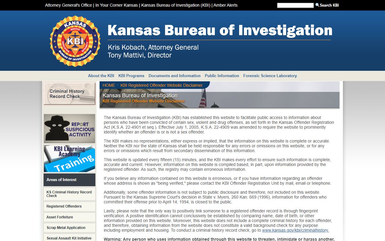 Labette County warrant search KBI registered offender system disclaimer